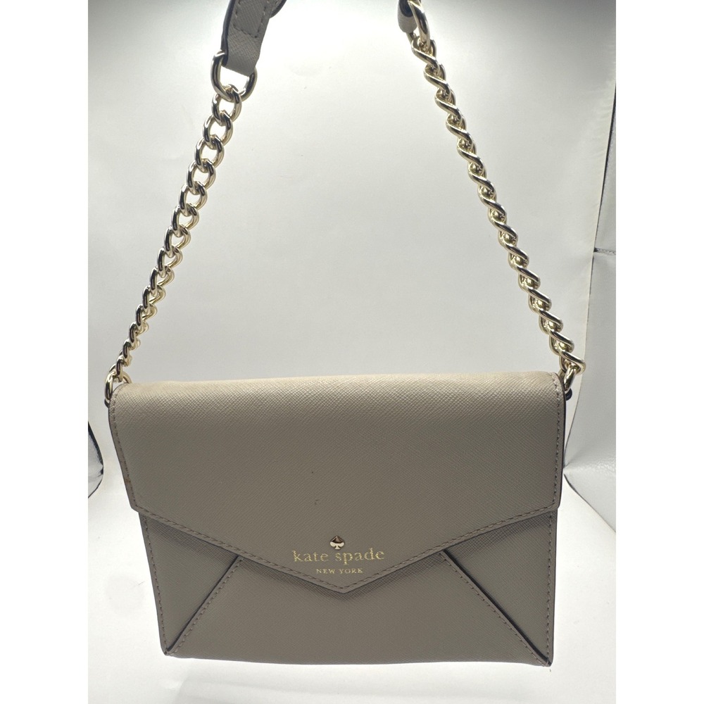 Kate Spade New York Envelope Crossbody Bag Beige Saffiano Leather Gold Chain